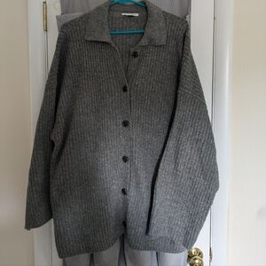 AE Grey Ribbed Oversized Polo Cardigan